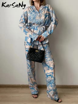 Printed Pants Sets For Women 2 Pieces Luxury Loose Suits Long Sleeve Shirts With Belt And Pant Two Piece Set Women Trouser Suits