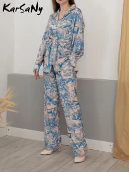 Printed Pants Sets For Women 2 Pieces Luxury Loose Suits Long Sleeve Shirts With Belt And Pant Two Piece Set Women Trouser Suits