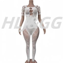 HLJ&GG Sexy Lace Hollow Bodycon Party Nightclub Jumpsuits Women Short Sleeve Skinny Pants Playsuits Female Hole Overalls 2025