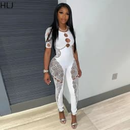 HLJ&GG Sexy Lace Hollow Bodycon Party Nightclub Jumpsuits Women Short Sleeve Skinny Pants Playsuits Female Hole Overalls 2025