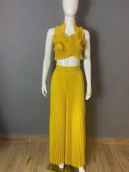 ANLAN Miyake Fold Set Women's Fashion Sleeveless Hanging Neck Top + Wide-leg Straight Pants Sexy Two-piece Sets 2025 New 9AN1502