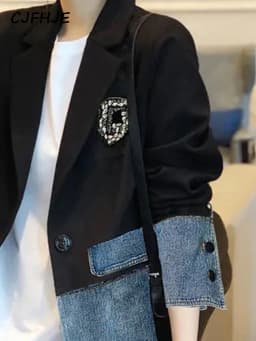 CJFHJE Small Suit Jacket Female Spring Autumn Design Sense Niche New Korean Fashion Denim Irregular Stitching Top Jacket Women