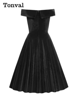 Tonval Sexy Off Shoulder Solid Velvet Elegant Winter Long Dresses for Women Fit and Flare Vintage Evening Party Swing Dress