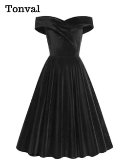 Tonval Sexy Off Shoulder Solid Velvet Elegant Winter Long Dresses for Women Fit and Flare Vintage Evening Party Swing Dress