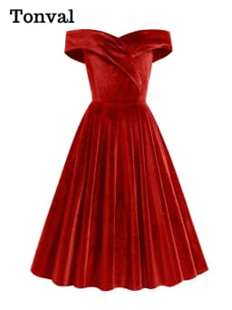 Tonval Sexy Off Shoulder Solid Velvet Elegant Winter Long Dresses for Women Fit and Flare Vintage Evening Party Swing Dress