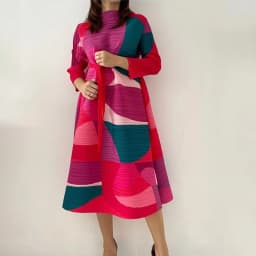 2024 Pleated Dress Women Hit Color Geometric With Belt Sashes Over Size Long Sweet Casual New Spring Fashion Tide Spot