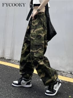 American Vintage Camouflage Cargo Pants Women Summer New Streetwear Loose Straight Wide Leg Trousers Woman
