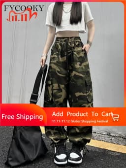 American Vintage Camouflage Cargo Pants Women Summer New Streetwear Loose Straight Wide Leg Trousers Woman