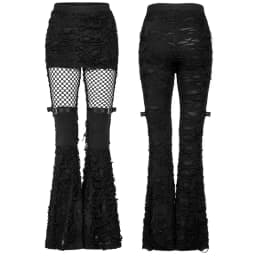 PUNK RAVE Women's Gothic Skirt-like Cutting and Mesh Together Flare Pants Punk Sexy Transparent Black Trousers Spring/Autumn