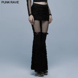 PUNK RAVE Women's Gothic Skirt-like Cutting and Mesh Together Flare Pants Punk Sexy Transparent Black Trousers Spring/Autumn