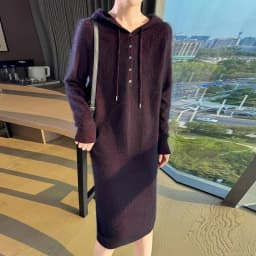 New women's hooded dress long sleeved knitted fashionable elegan sweater solid color pullover women's 100% mink cashmere dress