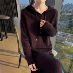 New women's hooded dress long sleeved knitted fashionable elegan sweater solid color pullover women's 100% mink cashmere dress
