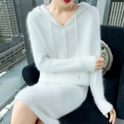 New women's hooded dress long sleeved knitted fashionable elegan sweater solid color pullover women's 100% mink cashmere dress