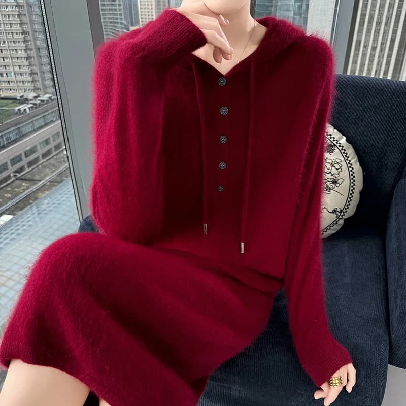 New women's hooded dress long sleeved knitted fashionable elegan sweater solid color pullover women's 100% mink cashmere dress
