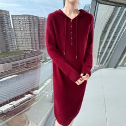 New women's hooded dress long sleeved knitted fashionable elegan sweater solid color pullover women's 100% mink cashmere dress