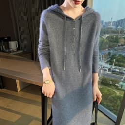 New women's hooded dress long sleeved knitted fashionable elegan sweater solid color pullover women's 100% mink cashmere dress