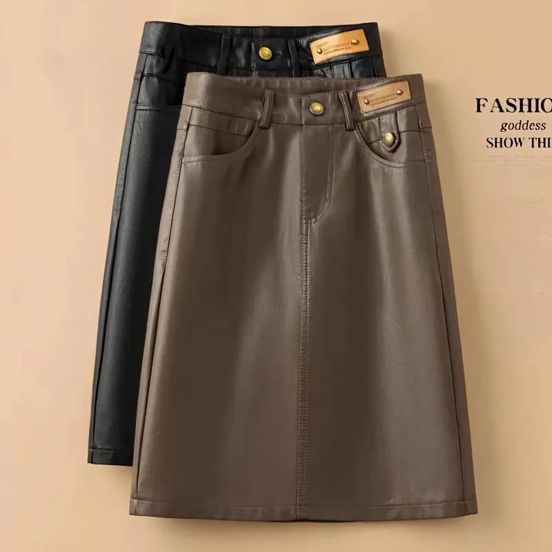Spring Autumn Winter Leather Skirt Women New Fashion Black Brown High Waist PU A-Line Skirts Large Size S-5XL Female Midi Skirts