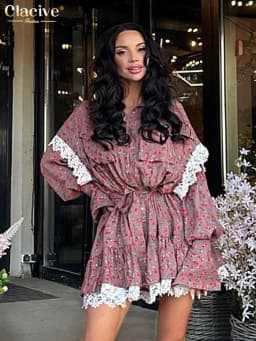Clacive Fashion Loose Print Women Dress Elegant Lace-Up Long Sleeve Office Mini Dresses Casual Lace Spliced Pleated Female Dress