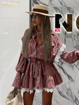 Clacive Fashion Loose Print Women Dress Elegant Lace-Up Long Sleeve Office Mini Dresses Casual Lace Spliced Pleated Female Dress