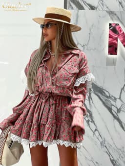 Clacive Fashion Loose Print Women Dress Elegant Lace-Up Long Sleeve Office Mini Dresses Casual Lace Spliced Pleated Female Dress