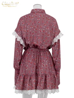 Clacive Fashion Loose Print Women Dress Elegant Lace-Up Long Sleeve Office Mini Dresses Casual Lace Spliced Pleated Female Dress