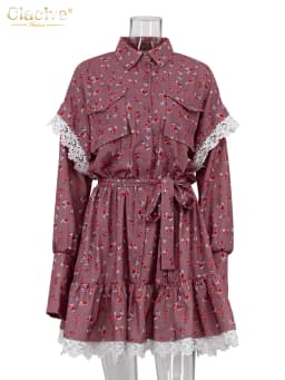 Clacive Fashion Loose Print Women Dress Elegant Lace-Up Long Sleeve Office Mini Dresses Casual Lace Spliced Pleated Female Dress