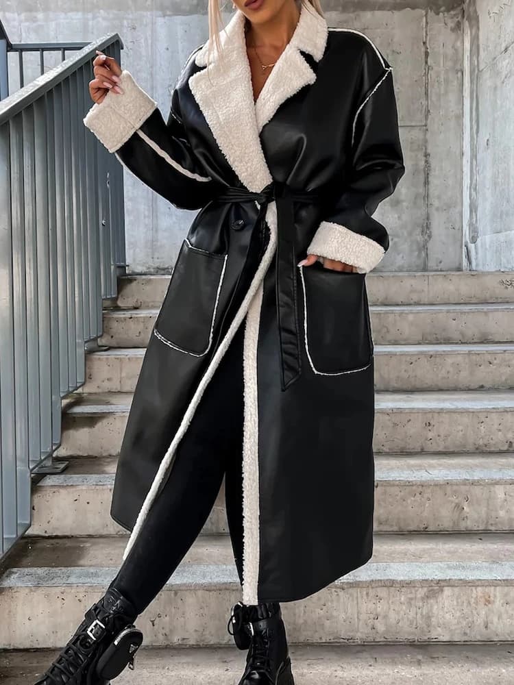 2025 Turn-Down Collar PU Leather Women Long Jacket Autumn Winter Thick Warm Outerwear Solid Belt Streetwear Coats Dropshipping