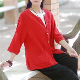 Women Casual Three Quarter Sleeve Cotton Linen Loose Blouse Spring Summer Vintage Shirt Tops Cardigan Camisas Ropa Mujer