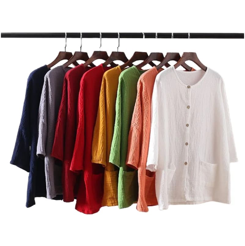 Women Casual Three Quarter Sleeve Cotton Linen Loose Blouse Spring Summer Vintage Shirt Tops Cardigan Camisas Ropa Mujer