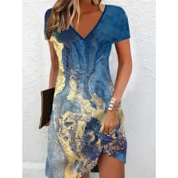 Women Short Sleeve V-Neck A-Line Dress Marble Pattern 3D Print Dress 2025 New Oversizd Casual Elegant Female Mini Dress Vestidos