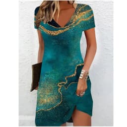 Women Short Sleeve V-Neck A-Line Dress Marble Pattern 3D Print Dress 2025 New Oversizd Casual Elegant Female Mini Dress Vestidos