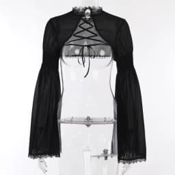 Goth Dark Elegant Lace Up Mall Gothic Crop Shrug Tops Grunge Chiffon Flare Sleeve Blouses Female Black Emo Alternative Cover Up
