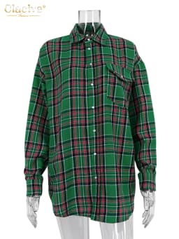 Clacive Fashion Loose Plaid Women Shirts 2023 Elegant Lapel Long Sleeve Office Shirts And Blouses Vintage Top Female Clothing
