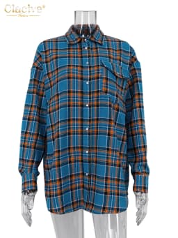 Clacive Fashion Loose Plaid Women Shirts 2023 Elegant Lapel Long Sleeve Office Shirts And Blouses Vintage Top Female Clothing