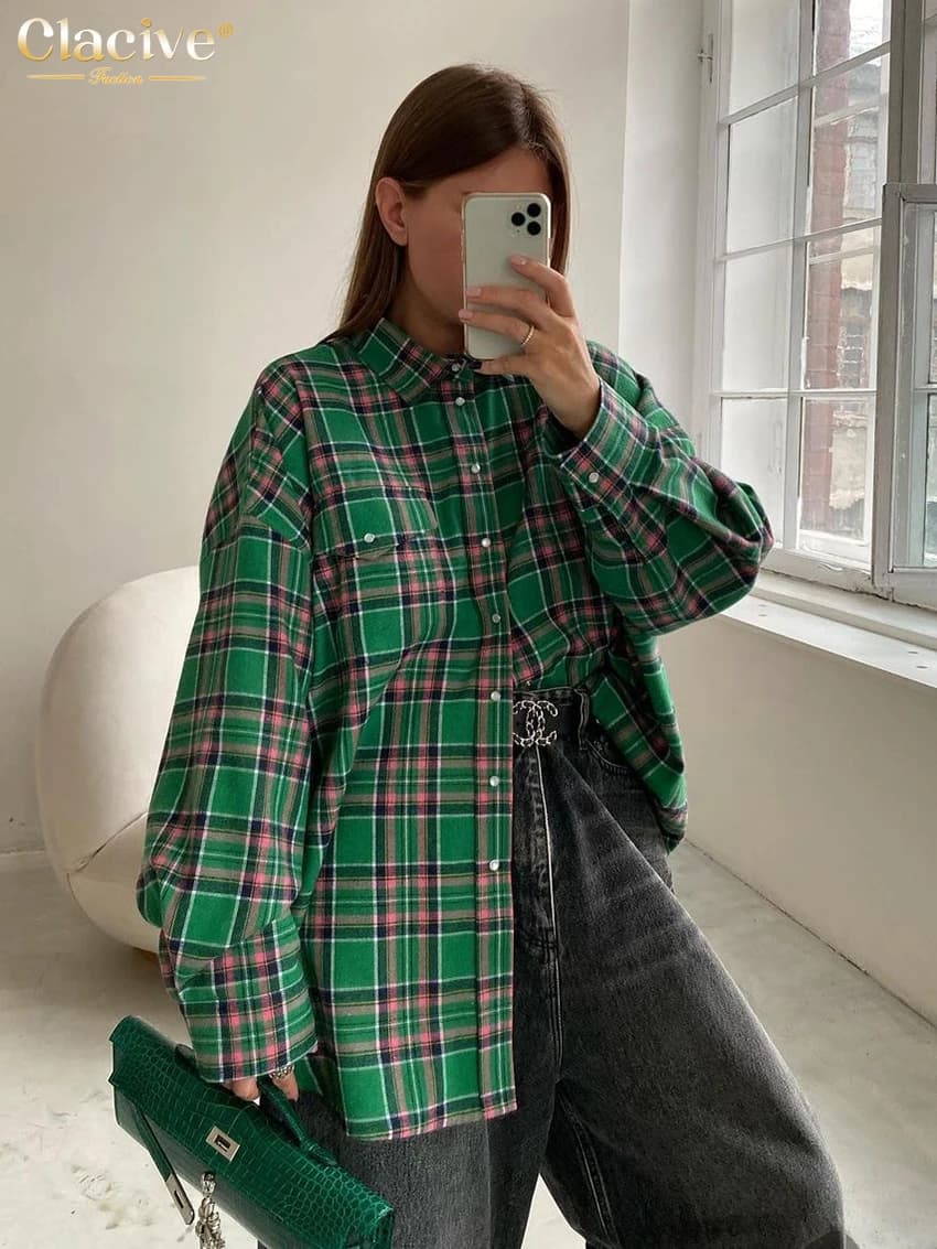 Clacive Fashion Loose Plaid Women Shirts 2023 Elegant Lapel Long Sleeve Office Shirts And Blouses Vintage Top Female Clothing