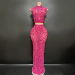 Elegant Sexy Rhinestone Two-Piece Set Evening Dress for Women Elastic Wedding Birthday Celebration Sexy Rhinestone Dress