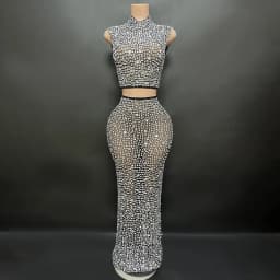Elegant Sexy Rhinestone Two-Piece Set Evening Dress for Women Elastic Wedding Birthday Celebration Sexy Rhinestone Dress