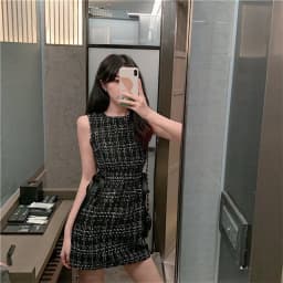 Vintage Plaid Summer Women's Dress 2021 Sleeveless O-neck Lace-up Bow Slim High Waist Elegant Party Dresses French Robe Femme