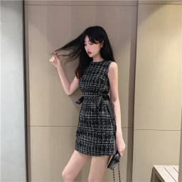 Vintage Plaid Summer Women's Dress 2021 Sleeveless O-neck Lace-up Bow Slim High Waist Elegant Party Dresses French Robe Femme
