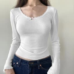 Y2k Floral Lace Trim Crop Top White Knitted Slim O Neck Basic Casual T Shirt Women Chic Vintage Full Sleeve Harajuku Tee Autumn