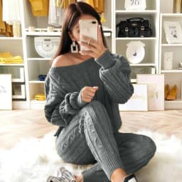 Plus Size 5XL Knitted Tracksuit Women Casual  Sexy O-neck Off Shoulder  Long Sleeve Sweater Slim Pencil Pants Suit Two Piece Set