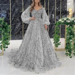 Women Bohemian Dress with V-neck Lantern Long Sleeves Lace Mesh Sequins Beaded Slim Fit  Soft Pleats Elegant for Party Banquets