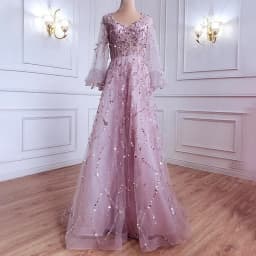 Women Bohemian Dress with V-neck Lantern Long Sleeves Lace Mesh Sequins Beaded Slim Fit  Soft Pleats Elegant for Party Banquets