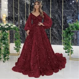Women Bohemian Dress with V-neck Lantern Long Sleeves Lace Mesh Sequins Beaded Slim Fit  Soft Pleats Elegant for Party Banquets