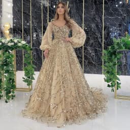 Women Bohemian Dress with V-neck Lantern Long Sleeves Lace Mesh Sequins Beaded Slim Fit  Soft Pleats Elegant for Party Banquets