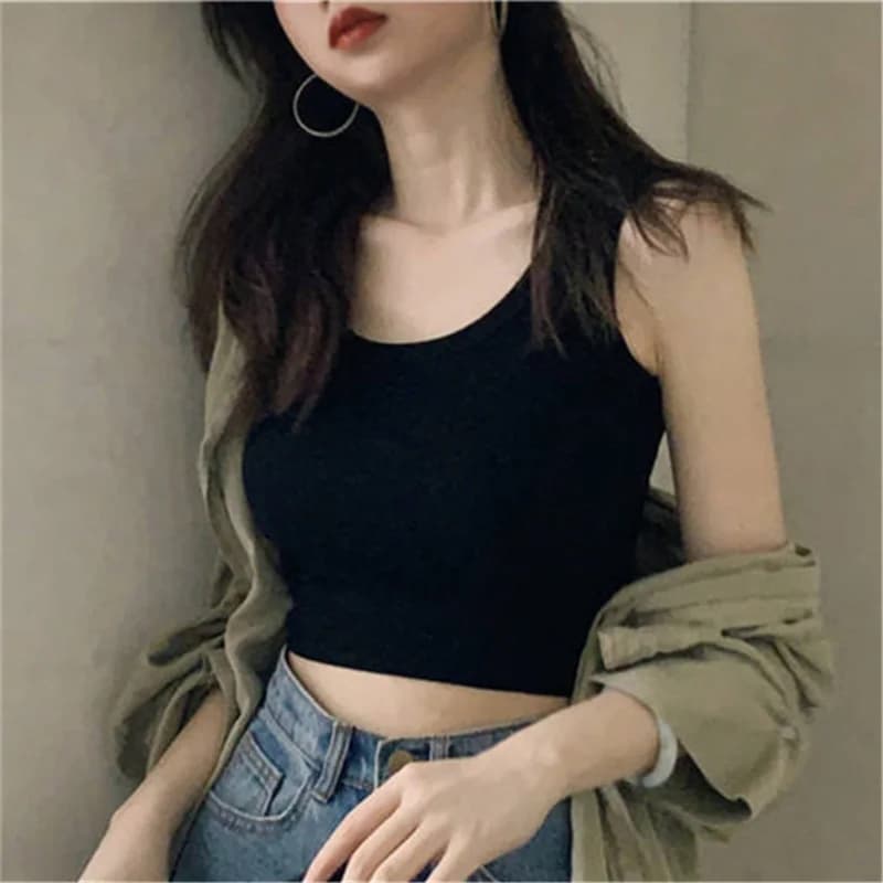 Black Knitted Round Neck Women T-shirt Sexy Sleeveless Camisole Crop Top Woman Tight Stretch Tank Top Ladies Tee Top Streetwear