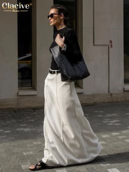 Clacive Fashion Loose White Skirts For Women Elegant High Waist Office Lady Maxi Skirt Casual Simple Faldas Female Clothing 2023