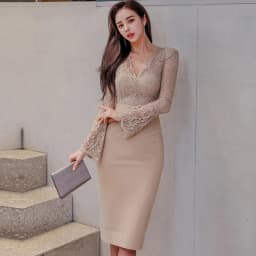 Professional Elegant Party Dress 2027 Spring V-Neck Sexy Perspective Lace Stitching Knee-Length High Waist Tight Dress Women