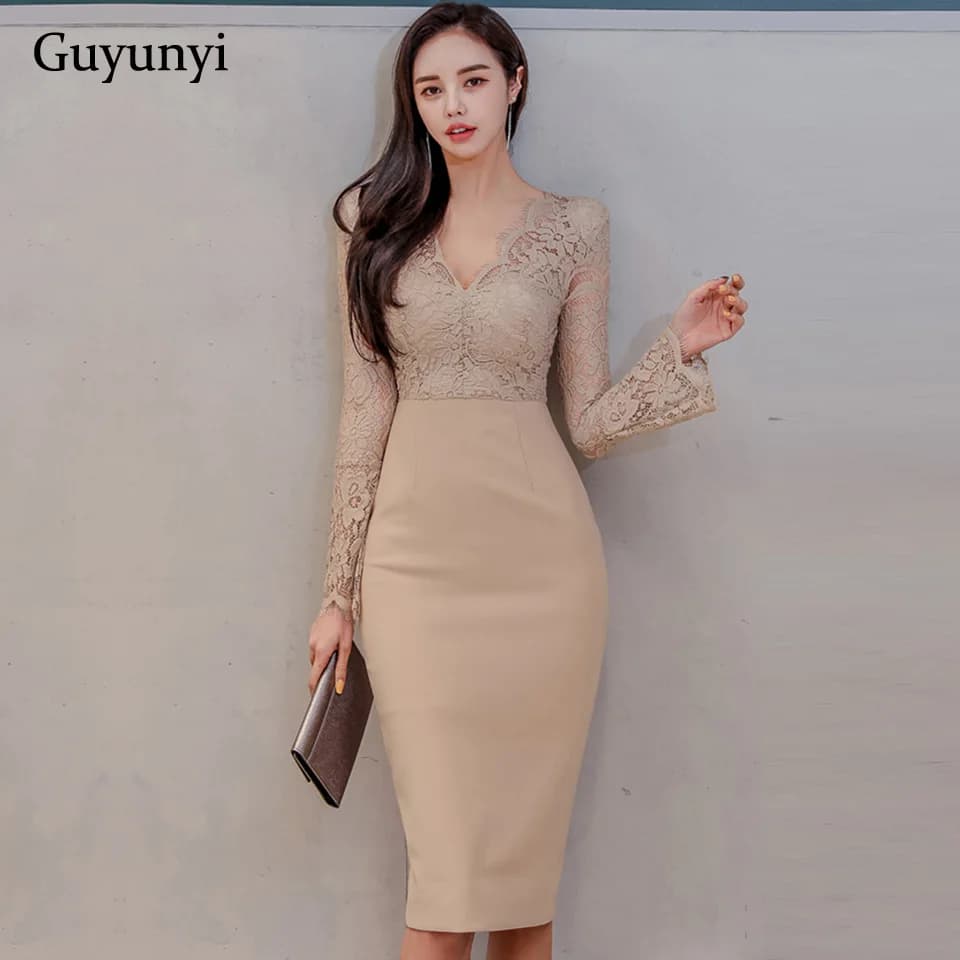 Professional Elegant Party Dress 2027 Spring V-Neck Sexy Perspective Lace Stitching Knee-Length High Waist Tight Dress Women