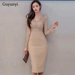 Professional Elegant Party Dress 2027 Spring V-Neck Sexy Perspective Lace Stitching Knee-Length High Waist Tight Dress Women